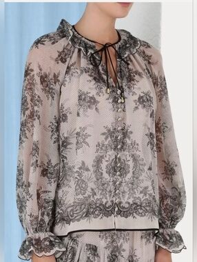 Zimmermann Sheer Floral Tie-Neck Blouse